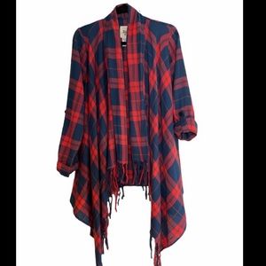 Billabong Plaid fringe cardigan long sleeve roll tab shirt red and blue SZ Large